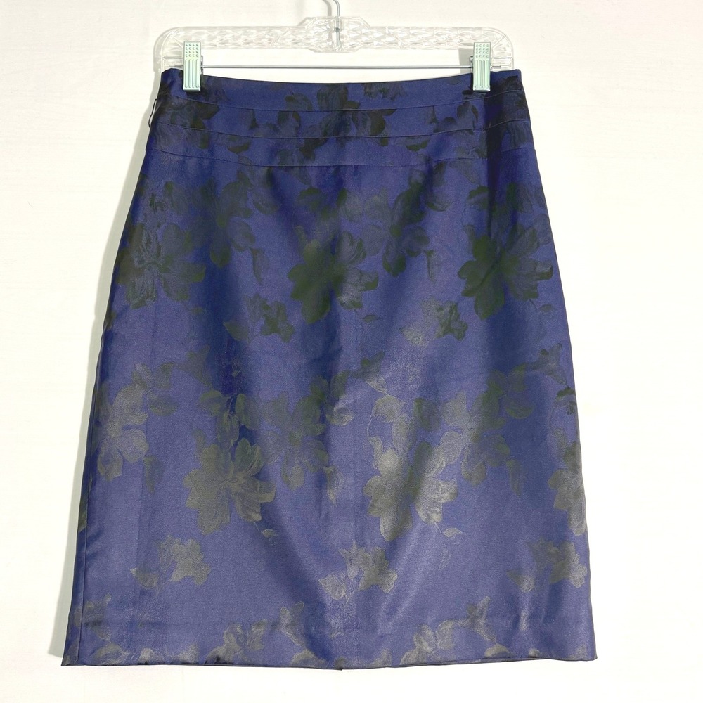 H&M Purple Black Floral Jacquard Knee Length Pencil Skirt Lined Size 8
